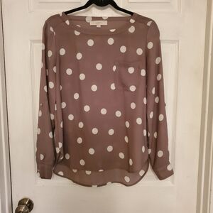 LOFT taupe polka-dot blouse with pocket.